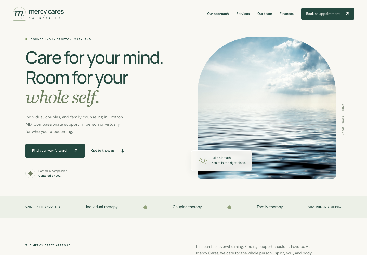Desktop view of the Mercy Cares Counseling homepage