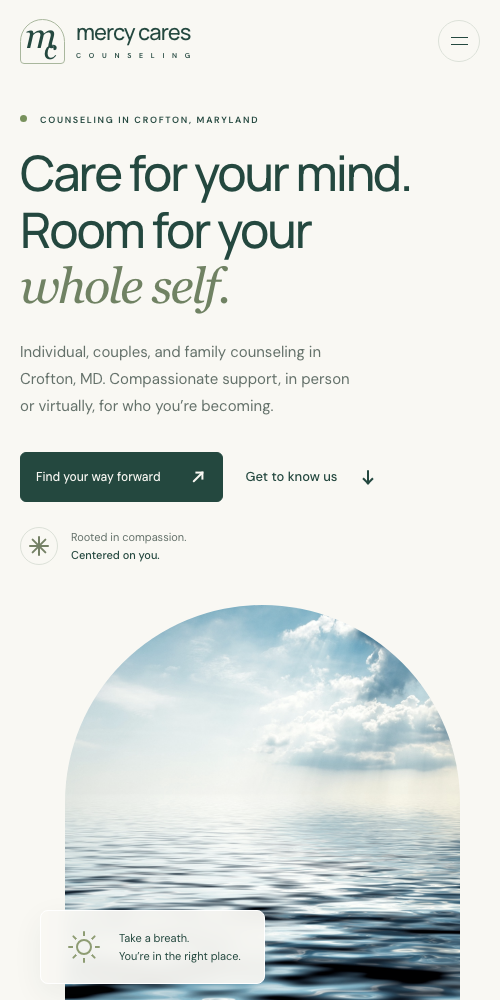 Mobile view of the Mercy Cares Counseling homepage